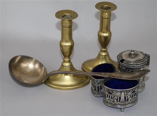 A pair of early 19th century brass candlesticks, a WMF cruet stand and a ladle